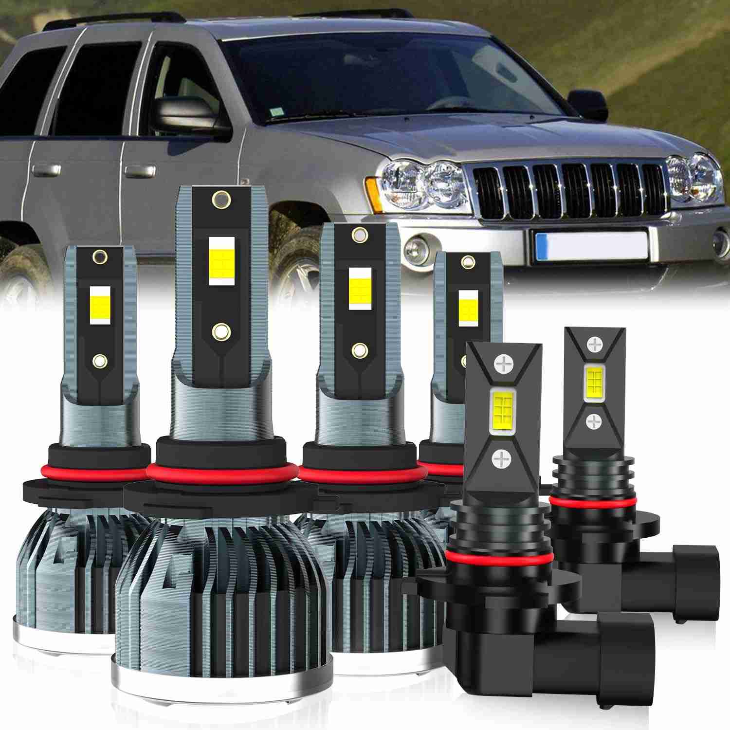 Kit 6 Lâmpadas LED Jeep Grand Cherokee 2005-2010: Farol Alto/Baixo + Neblina - Brilho Intenso 600%