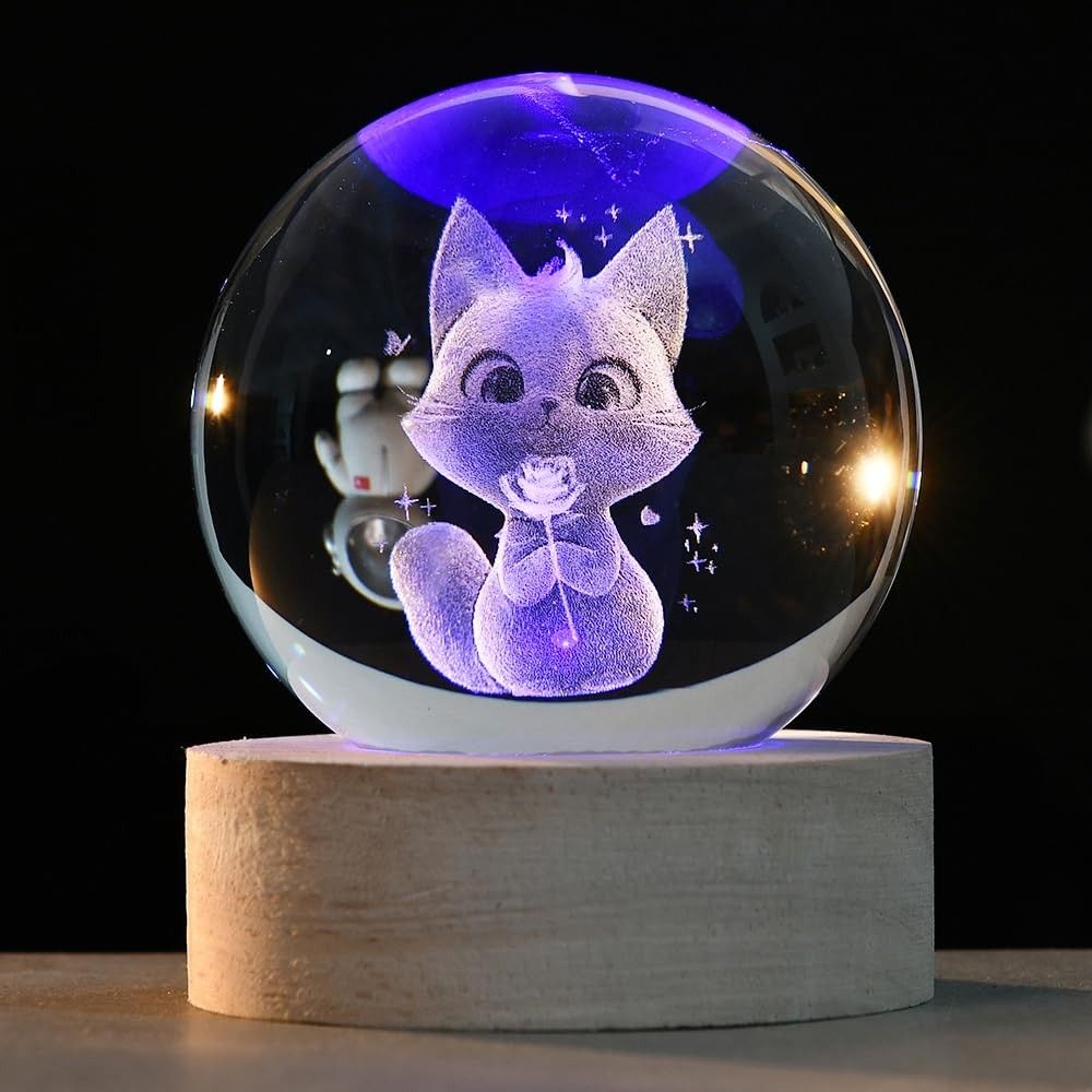 Bola de Cristal 3D com Gato Segurando Rosa - Decoração LED para Amantes de Gatos