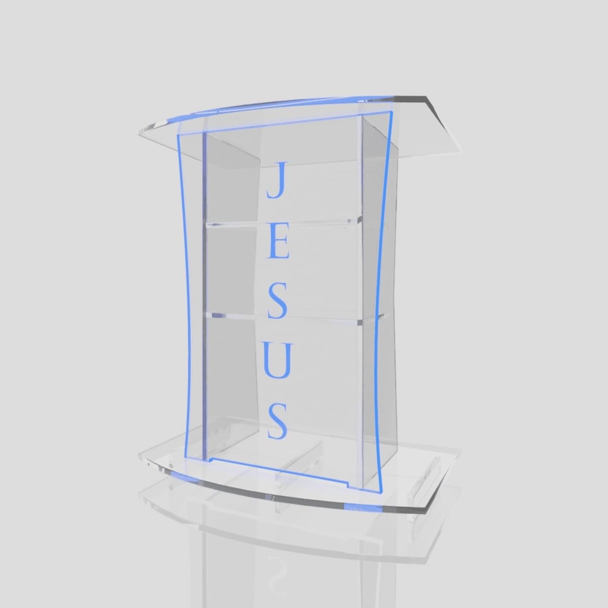 Púlpito de Acrílico com LED Azul e Gravação 'Jesus' - Modelo ABRAÃO com Porta-Microfone