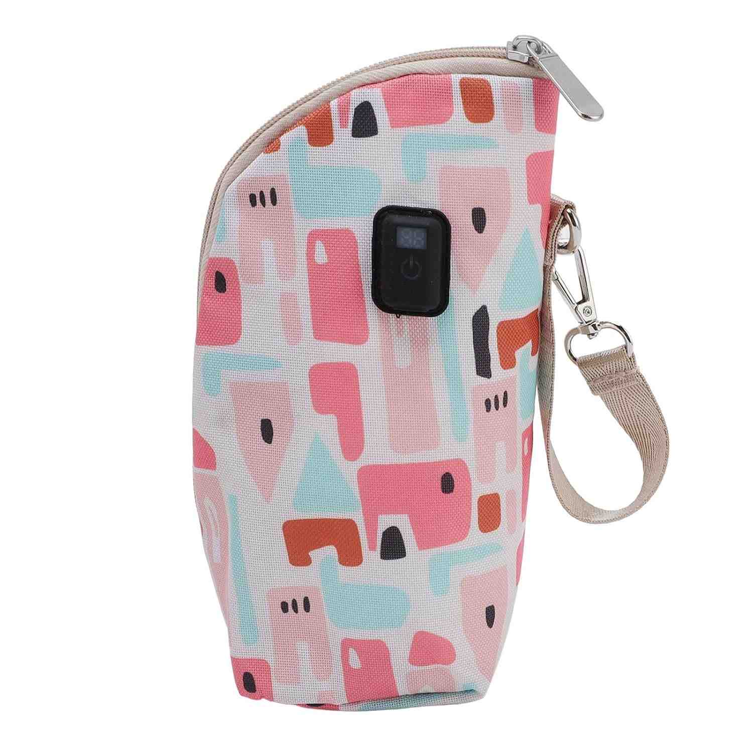 Aquecedor de Mamadeira USB Rosa com Display LED e Bolsa Térmica Portátil para Bebês