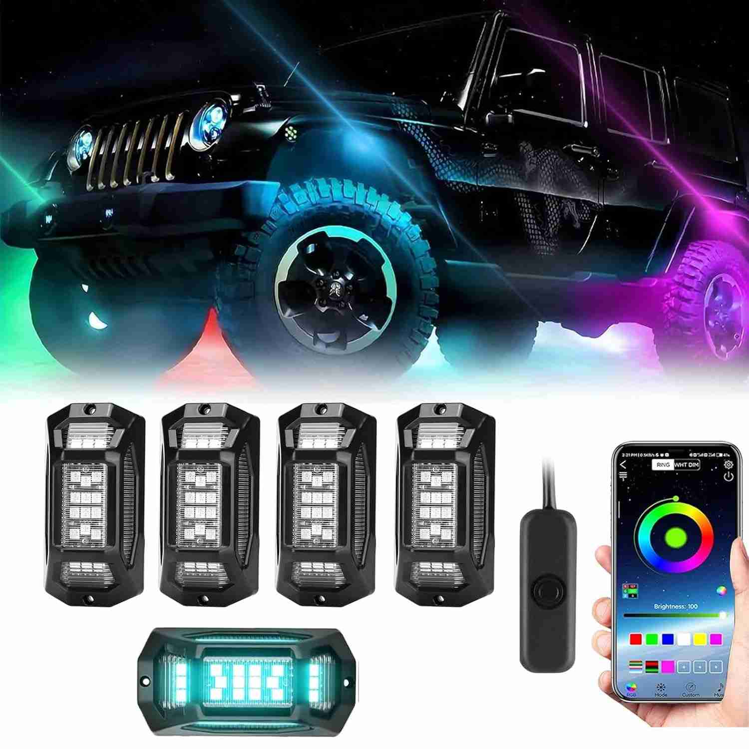 YUGUANG 4 Cápsulas Luzes LED RGB para Carro - Controle App, Modo Música, Impermeável