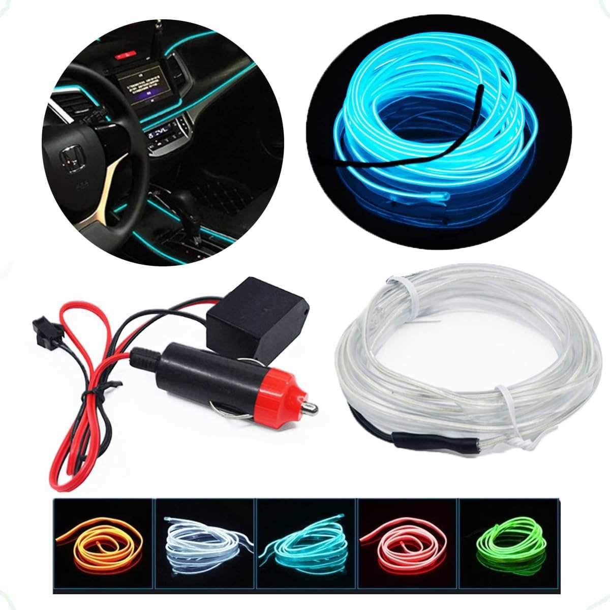 Fita LED Neon Azul Gelo 5m: Iluminação Tuning Premium para Interior do Carro