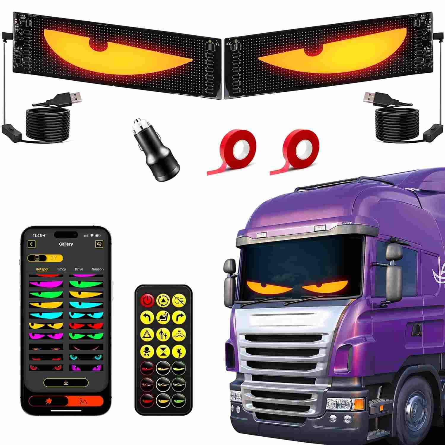 Ojos Diabólicos LED Programáveis 59.9x12cm: 2 Peças para Para-brisa de Carro com Controle Remoto e App Bluetooth