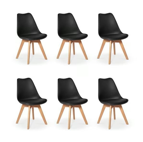 Kit com 6 Cadeiras Leda Saarinen Wood Pretas com Almofada - Design Eames Moderno para Sala de Jantar, Cozinha e Escritório
