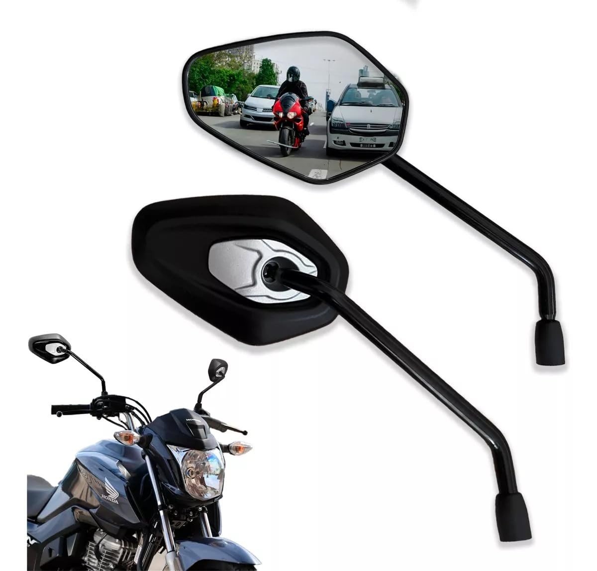 Espelho Retrovisor Moto Lente Convexa Tiger - Haste Preta Universal