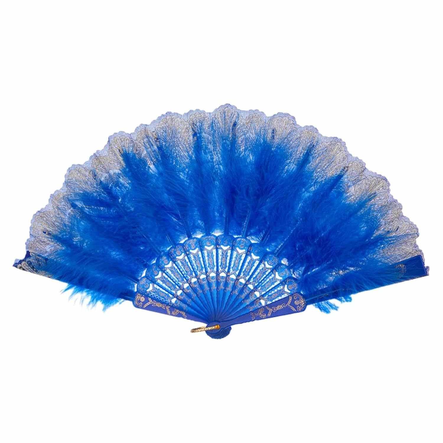 Leque de Penas Dobrável Azul – Elegância Vintage para Dança, Casamento e Eventos Especiais