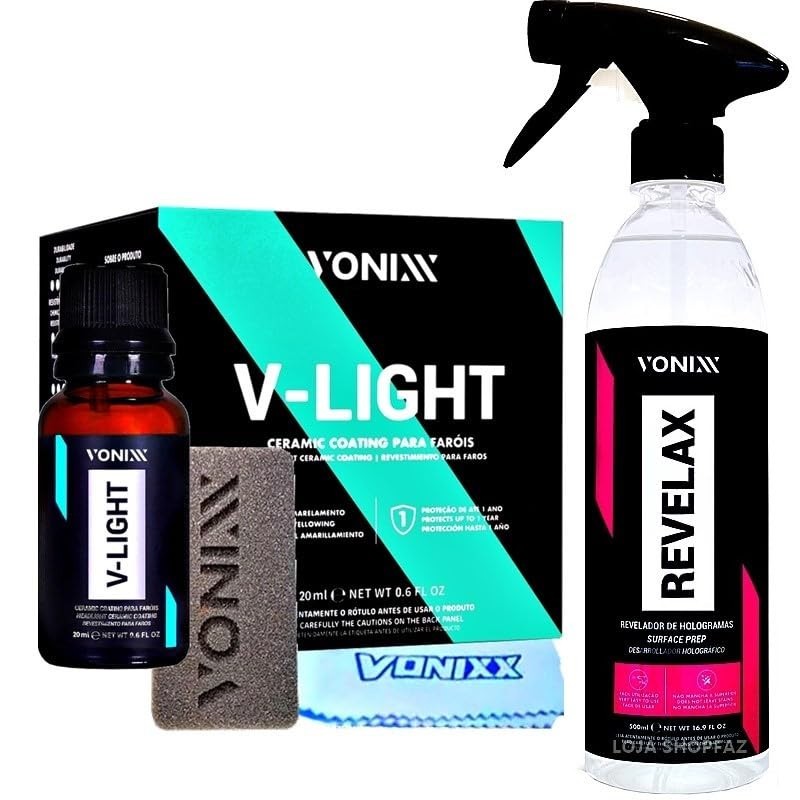Kit V-Light Vitrificador de Faróis Vonixx 20ml + Revelax 500ml: Restaure e Proteja!