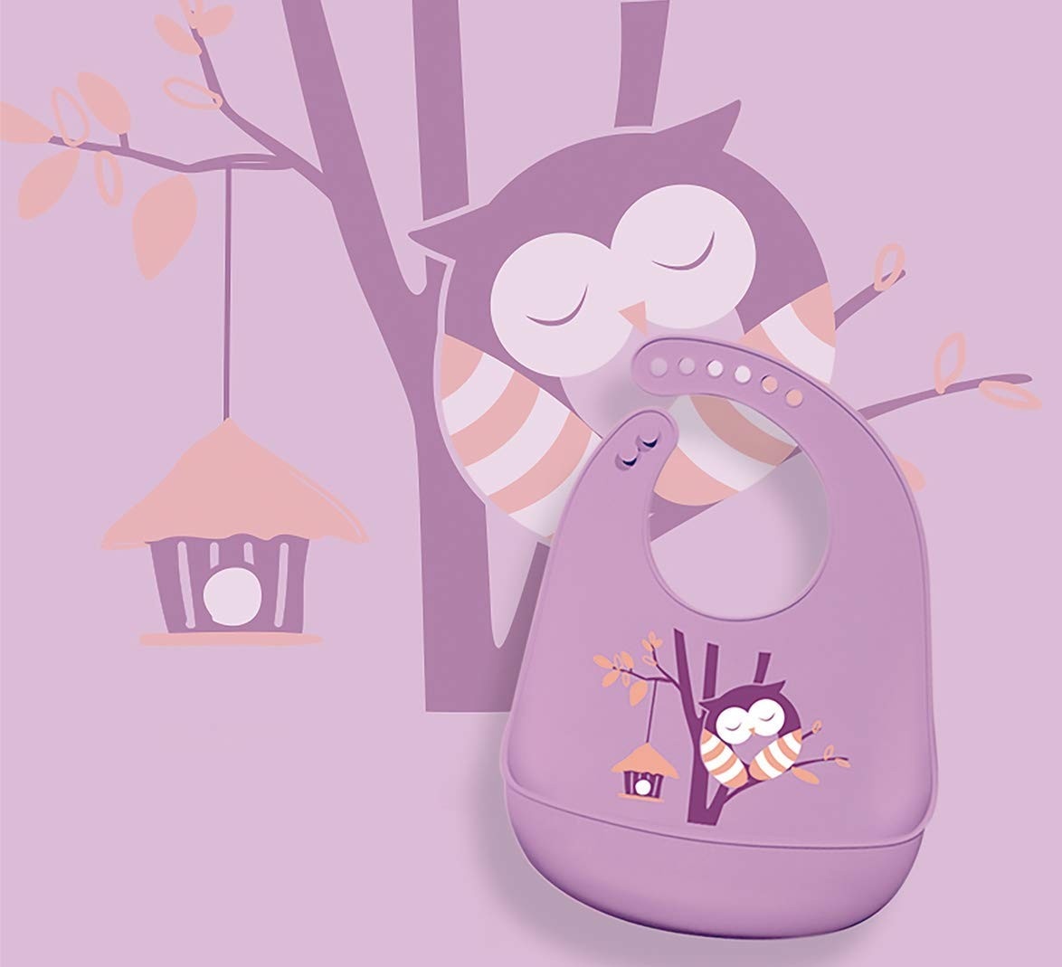 KaBaby Babador de Silicone com Estampa de Coruja Lilás - Prático, Higiênico e Divertido para Bebês