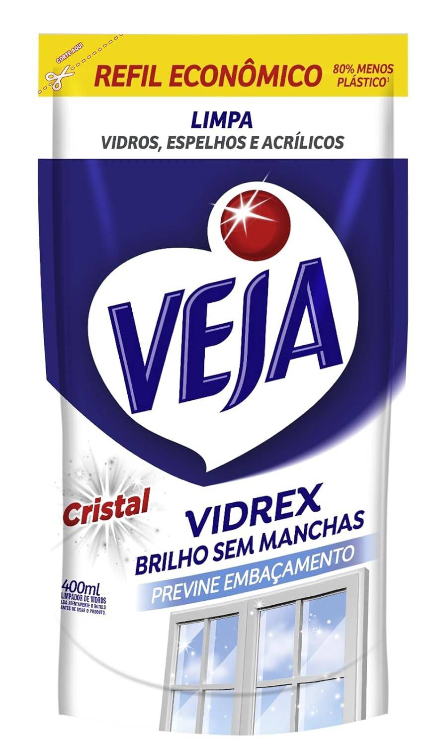 Limpa Vidros Veja Vidrex Cristal Refil 400ml - Brilho Cristalino para Todos os Vidros