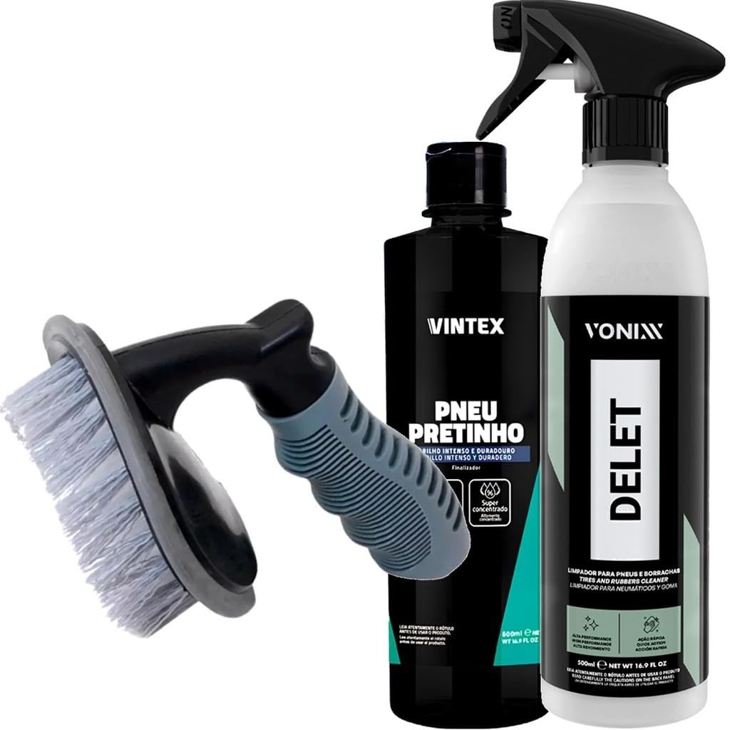 Kit Completo Vonixx & Vintex: Pneu Pretinho, Limpa Pneus e Escova Karbox para Brilho Impecável!