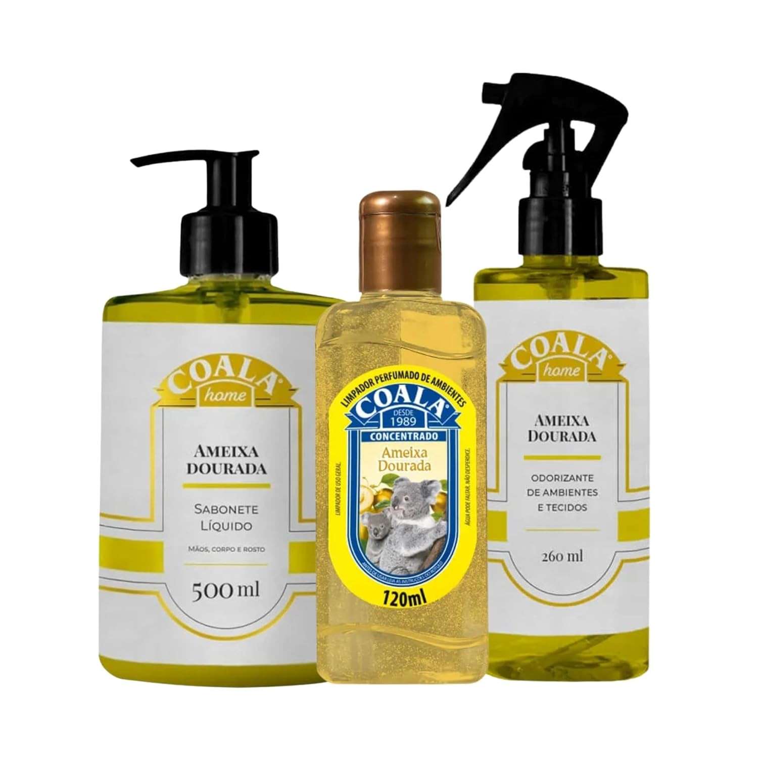Kit Coala Essências - Limpador Perfumado + Odorizante + Sabonete Líquido Ameixa Dourada | Limpeza e Aromatização Completa
