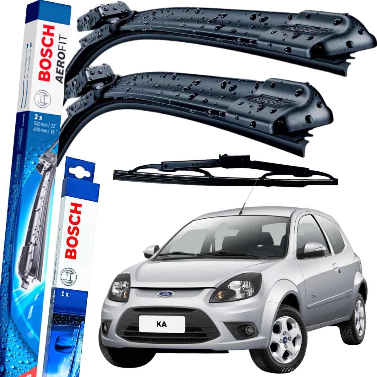 Kit Palhetas Limpador Parabrisa Bosch Aerofit Dianteira + Traseira Ford Ka (2002-2009) - Limpeza Impecável!