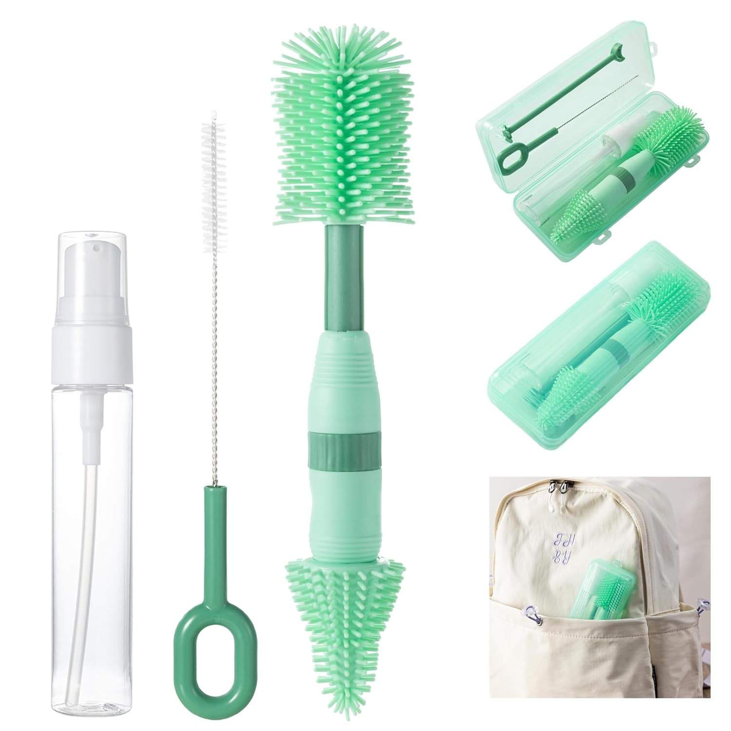 Kit de Limpeza de Garrafa de Viagem 6 em 1 - Escova Silicone Segura e Portátil