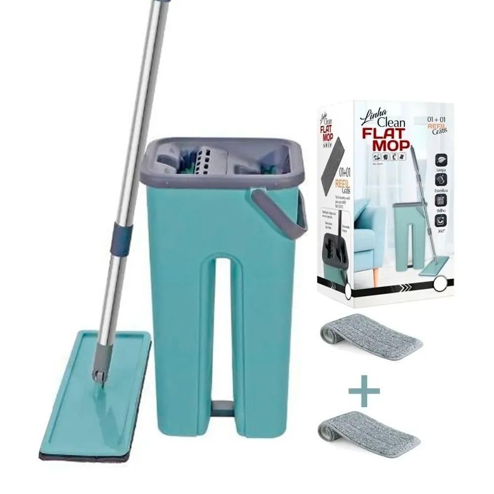 Rodo Mop Flat com Balde 4L + 2 Refills - Limpeza Rápida e Eficiente