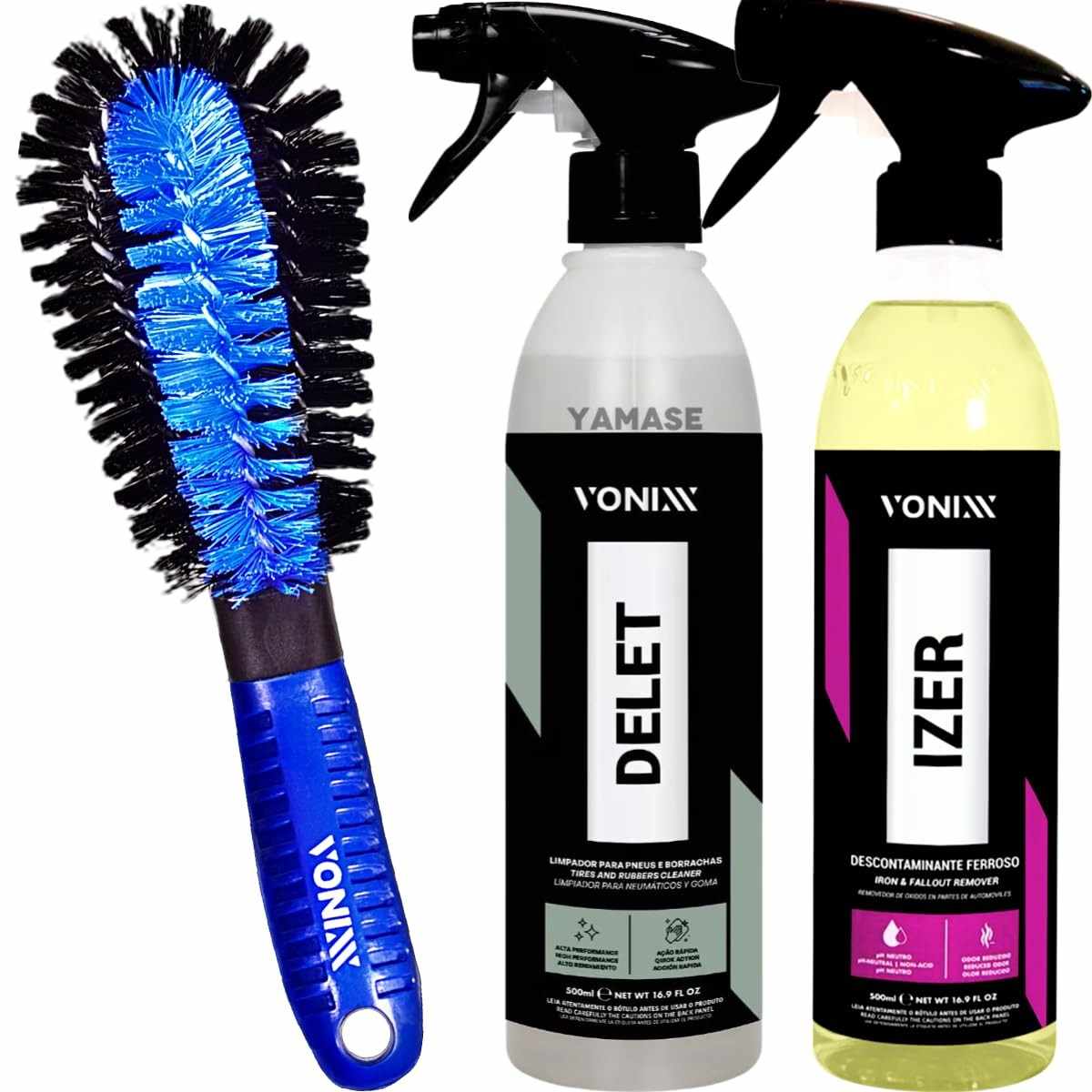 Kit Limpeza Completa Vonixx: Delet 500ml, Izer 500ml e Escova Pepino para Rodas