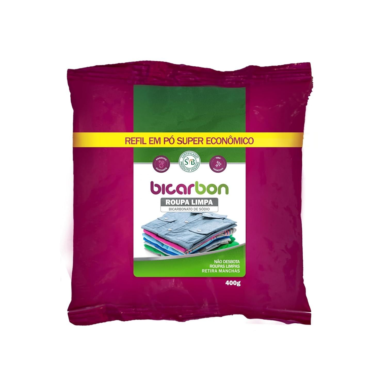 Bicarbonato de Sódio Roupa Limpa Biodegradável Refil Bicarbon 400g - Limpeza Natural e Eficaz para Roupas Brancas e Coloridas