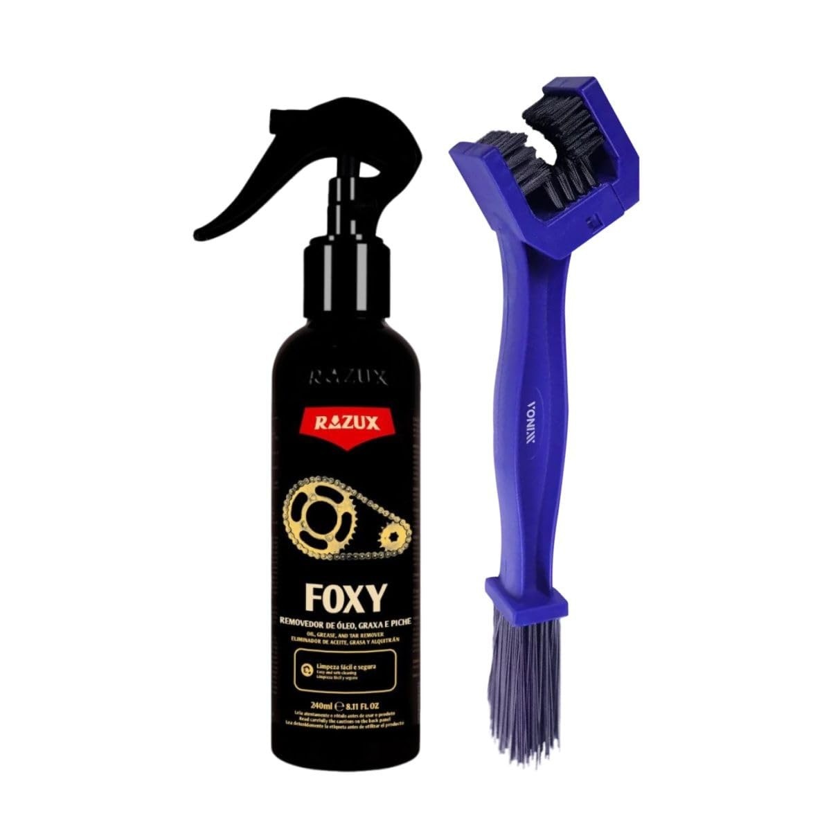 Kit Completo Limpeza Corrente Moto Razux Foxy 240ml + Escova Vonixx Azul