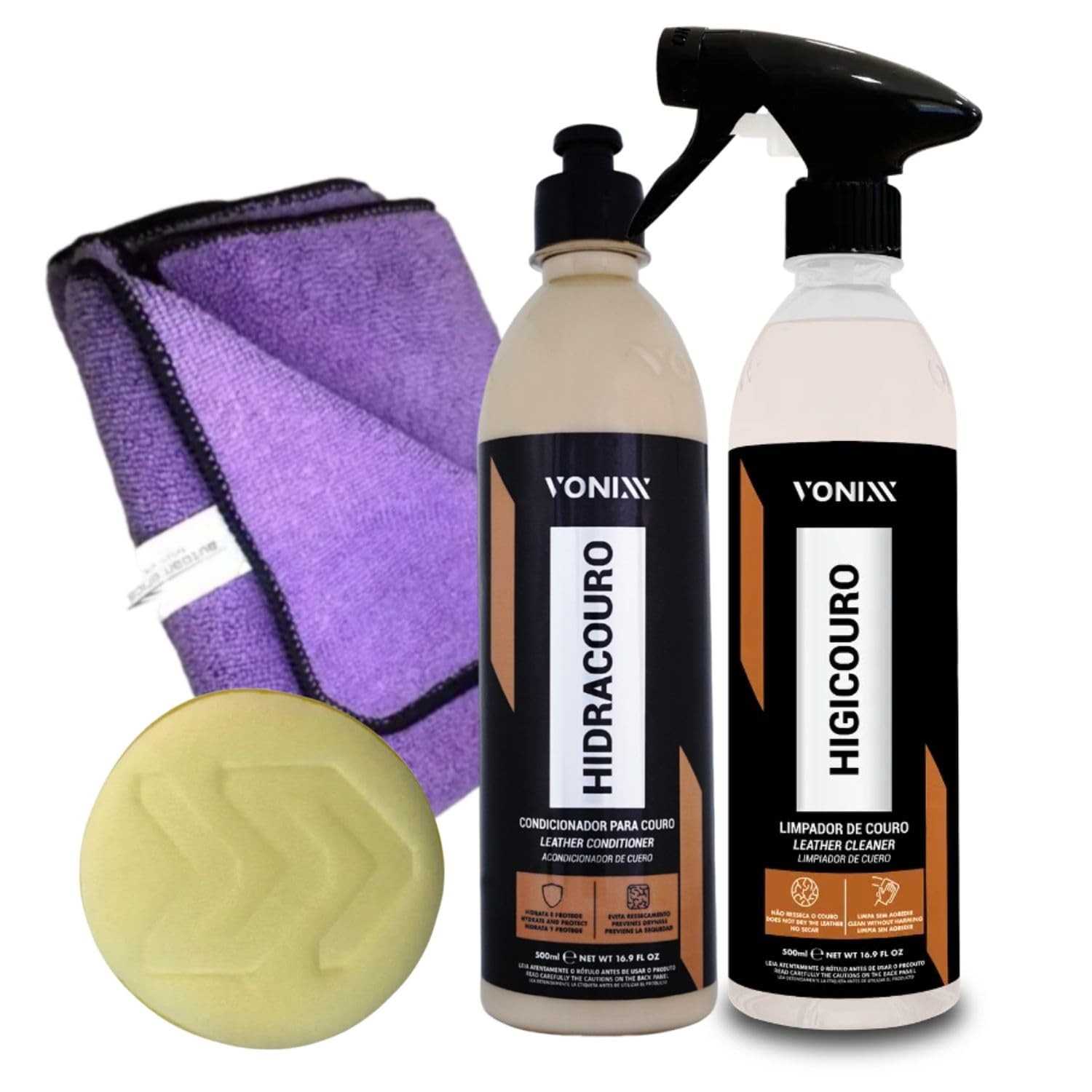 Kit Completo Vonixx: Limpeza e Hidratação Profissional para Couro - Hidracouro, Higicouro, Flanela e Aplicador