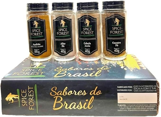 Caixa com 4 Temperos: Açafrão, Alho, Cebola Areia e Coentro Linha Premium em Frasco de Vidro