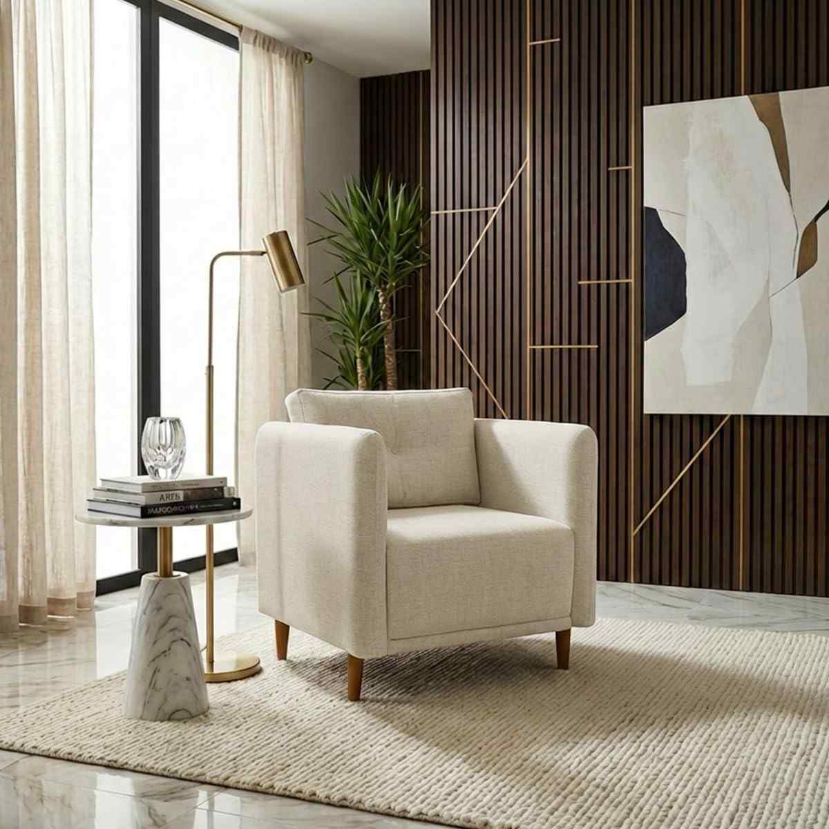 Poltrona Decorativa Aviv em Linho Premium Bege - Conforto e Estilo para Salas e Escritórios