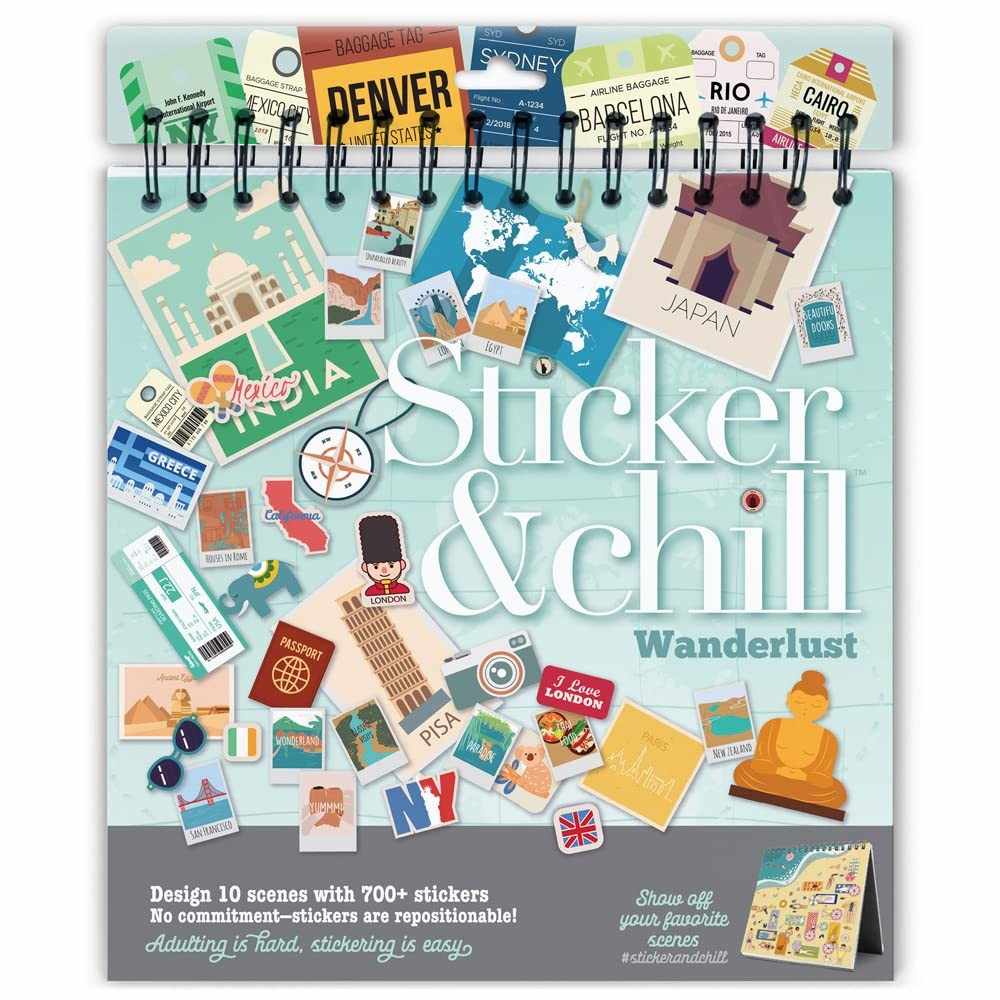 Sticker & Chill — Wanderlust — Livro de Adesivos Reposicionáveis para Relaxar — Atividade Criativa sem Tela para Adultos