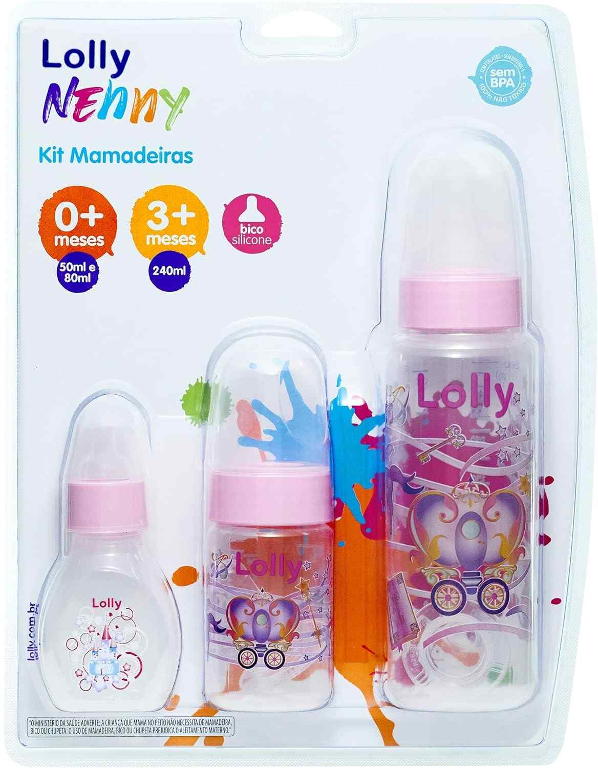 Lolly Mamadeira Rosa - Kit com 3 Mamadeiras (240ml + 80ml + 50ml) Redondo RS