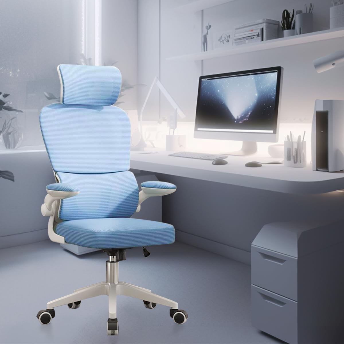 Cadeira de Escritório Ergonômica Azul com Suporte Lombar e Encosto Ajustável