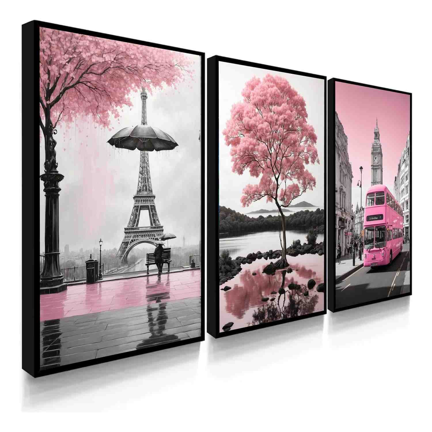 Quadros Decorativos Londres e Paris com Árvore da Vida Rosa - Kit 3 Peças 60x40