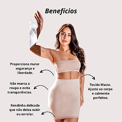 Saia Anágua Segunda Pele Bege Preto Justa com Renda Longa