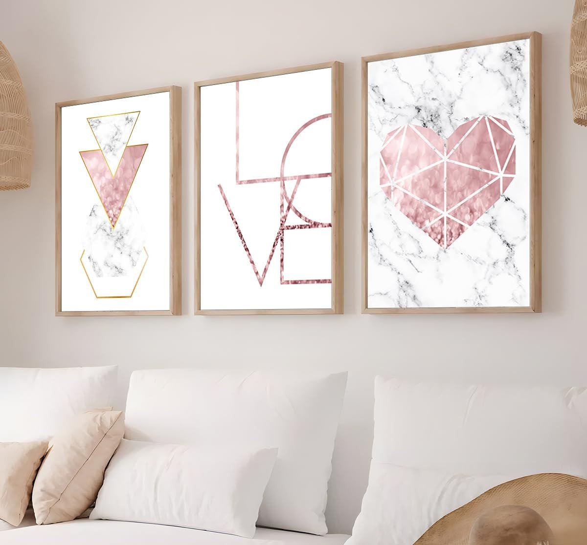 Kit 3 Quadros Love Coração Rosa Cristal - Decoração Moderna para Sala e Quarto (60x40cm, Carvalho)