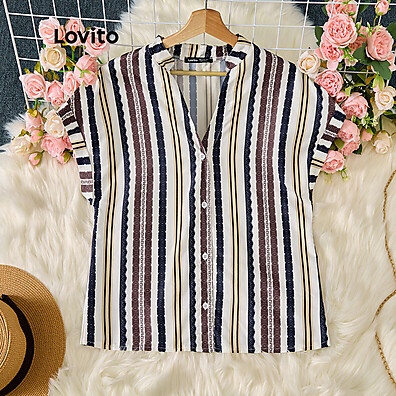 Lovito Blusa Casual Lisa com Botões Plissados Texturizada