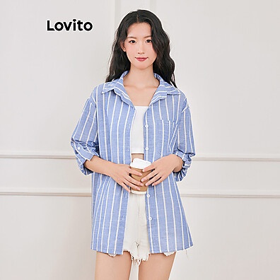 Lovito Blusa Listrada com Botões – Estilo Casual Feminino
