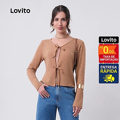 Lovito Blusa Manga Longa com Laços Frontais – Elegância e Conforto