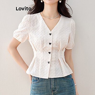 Lovito Blusa Plissada com Coração – Estilo Casual Feminino