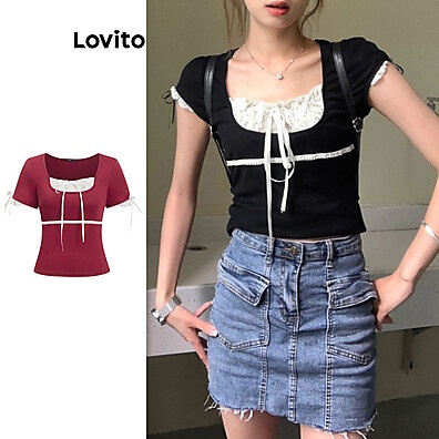 Lovito Camiseta 2 em 1 Patchwork – Estilo Casual Feminino