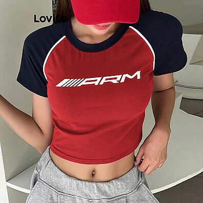 Lovito Camiseta Casual Com Letras Colorblock Para Mulheres L86ED250