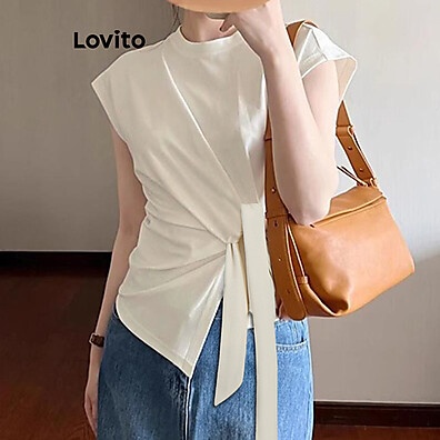 Lovito Camiseta Casual Lisa Com Cadarço Assimétrico Para Mulheres L99ED843