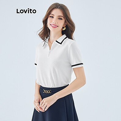 Lovito Camiseta Elegante com Gola Lisa e Contrastante