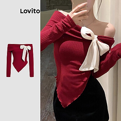 Lovito Camiseta Feminina Casual Colorblock com Cadarço