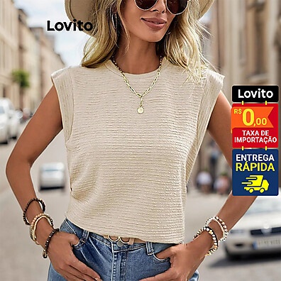 Lovito Camiseta Feminina Casual com Tecido Texturizado