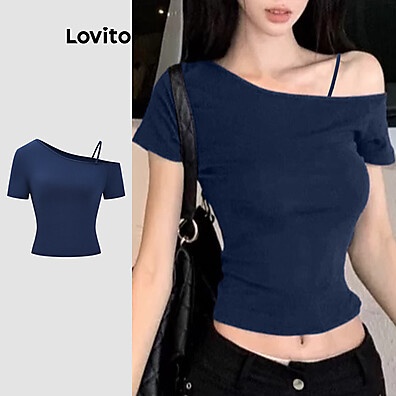 Lovito Camiseta Fofa Lisa Assimétrica Para Mulheres L122AD018