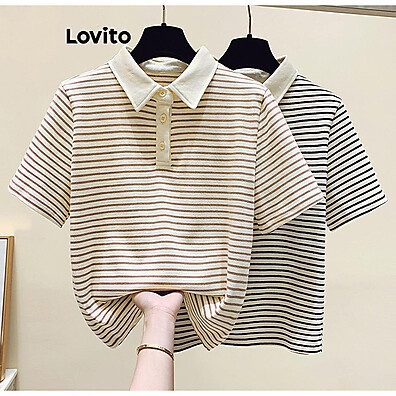 Lovito Camiseta Listrada Café/Preto com Botão Frontal