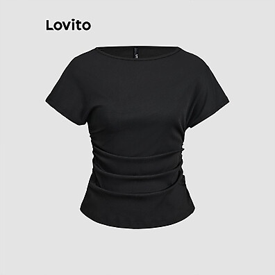 Lovito Camiseta Plissada Elegante e Simples para Mulheres