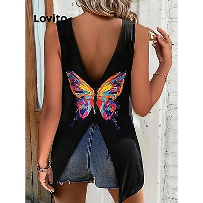 Lovito Casual Borboleta Split Back Tank Top – Estilo e Conforto