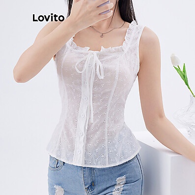 Lovito Regata com Ilhós e Gravata Frontal – Estilo Casual Feminino