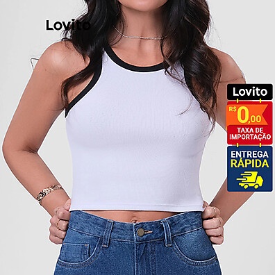 Lovito Top Regata Feminina Lisa com Viés Contrastante LB207BRL236