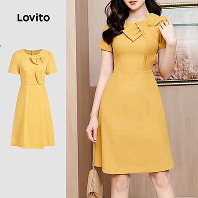 Lovito Vestido Amarelo Elegante com Laço – Ideal para Primavera e Verão
