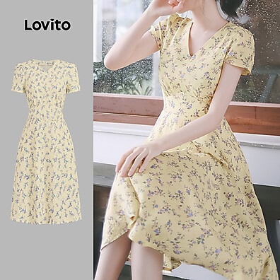 Lovito Vestido Boho Amarelo Plissado – Estilo Boho para Mulheres