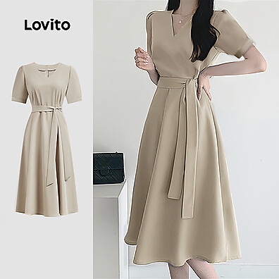 Lovito Vestido Casual Plissado com Cinto – Estilo e Conforto