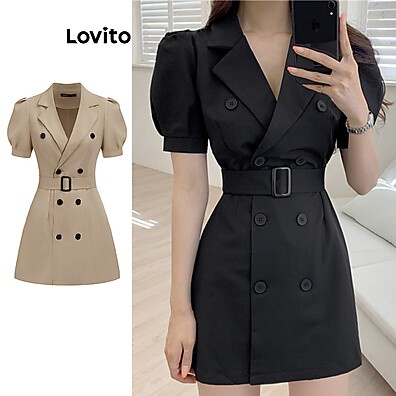 Lovito Vestido Elegante Liso com Cinto e Manga Bufante